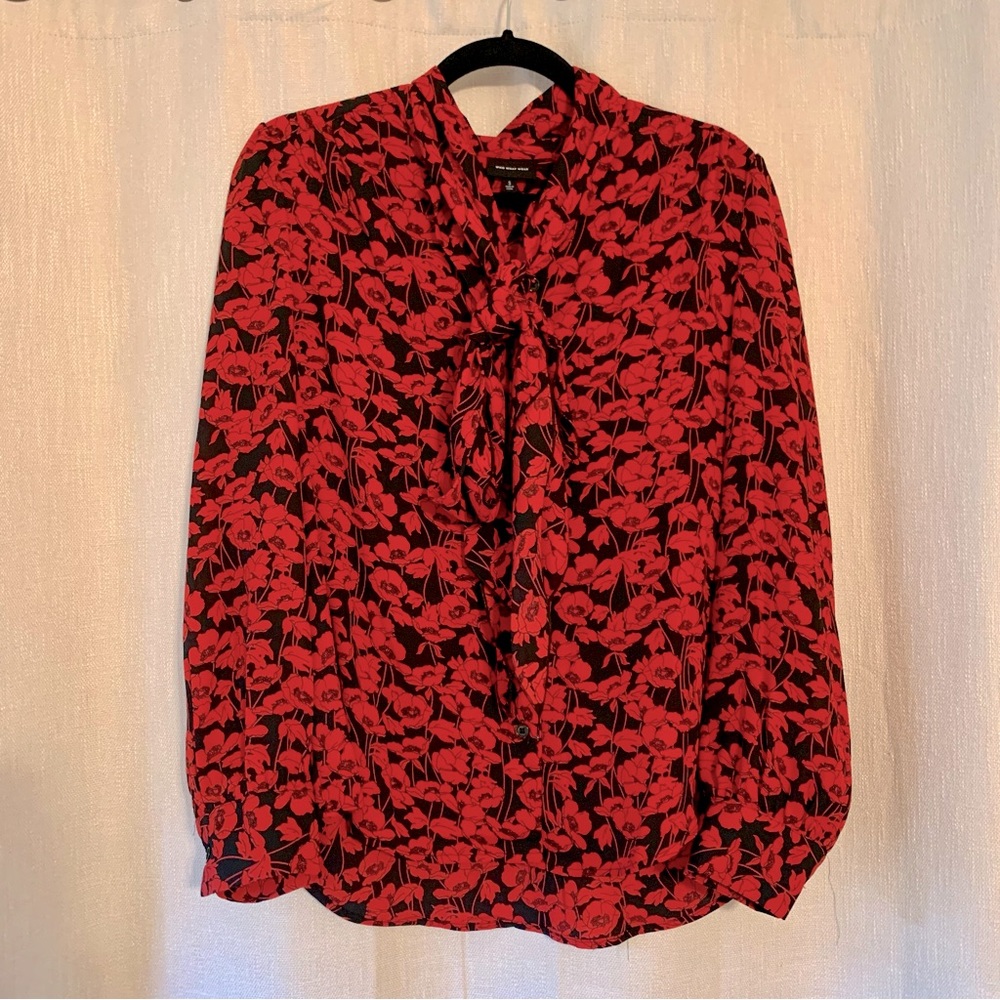 Who What Wear red and black front tie blouse